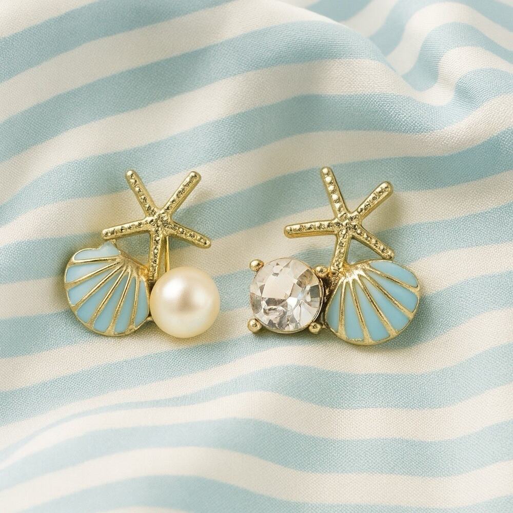 Anthropologie Seashell Starfish Earrings Mismatch Blue Gold Pearl CZ Mermaidcore